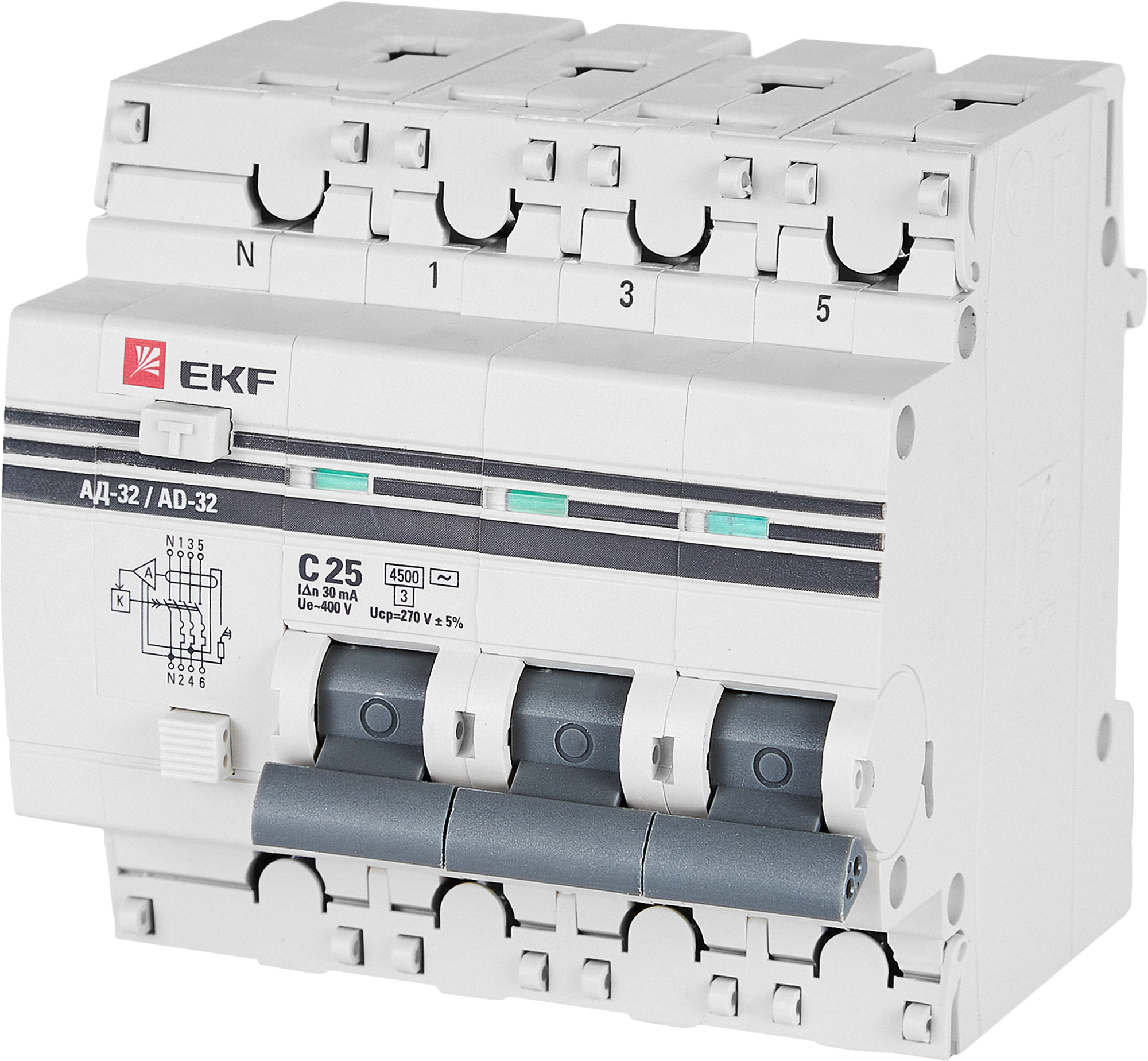 Дифференциальный автомат EKF АД-32 3P N C25 А 30 мА 4.5 кА АС
